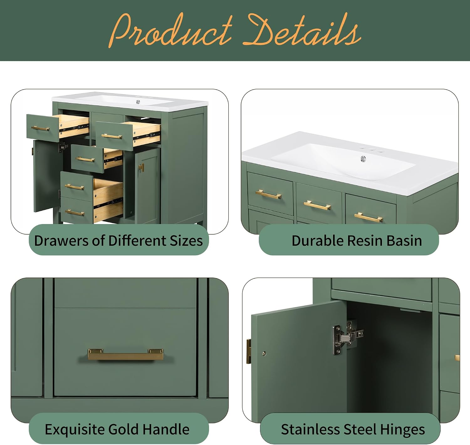 36 Inch Green Bathroon Vanity with Sink,Modern Bathroom Sink Cabinet 36' with 4 Drawers & 2 Cabinets,Integrated Countertop,Gold Handles,Soft Closing,Solid Wood Frame