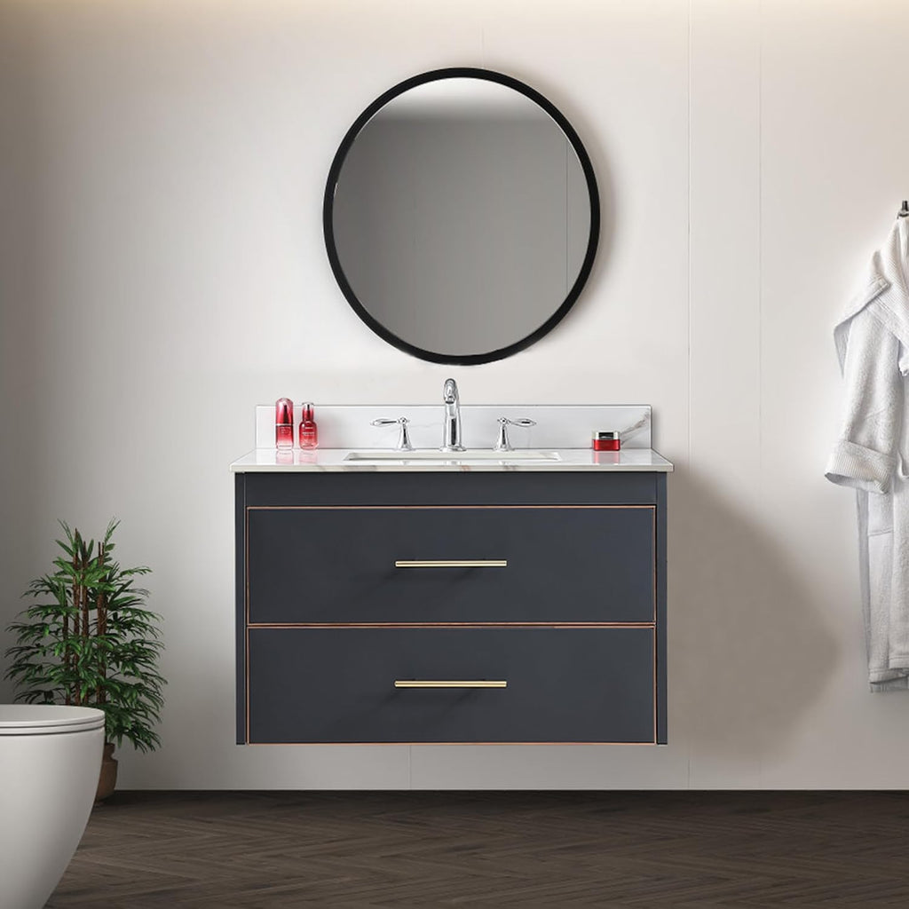 37 Inch Bathroom Vanity Top with Undermounted Large Ceramic Sink & Backsplash, Sintered Stone Artificial Marble Vanity Sink Tops with 3 hole, Carrara Gold