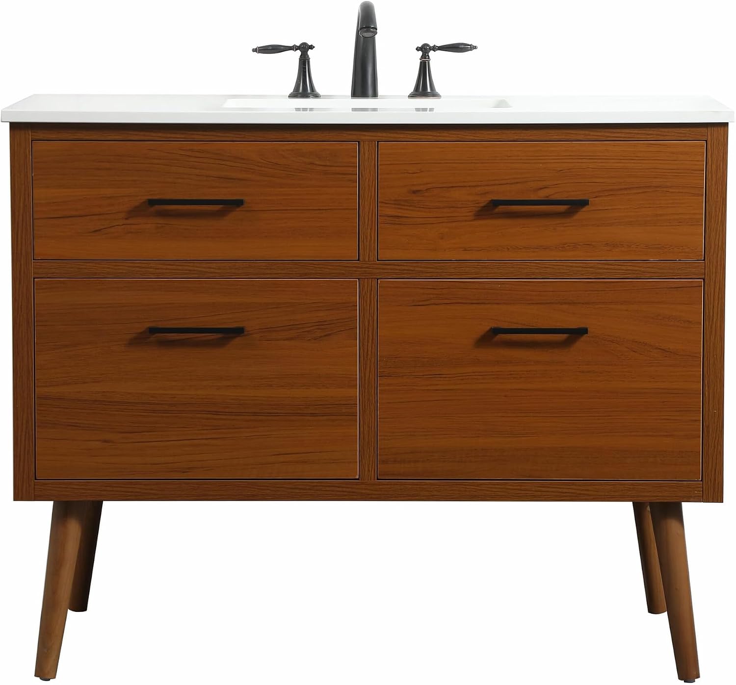 42' Pre-Assembled Bathroom Vanity with Sink, Engineered Wood, Ivory White Engineered Marble Countertop Attached, Single Rectangle Porcelain Sink, 2 Soft-Close Drawers, Teak