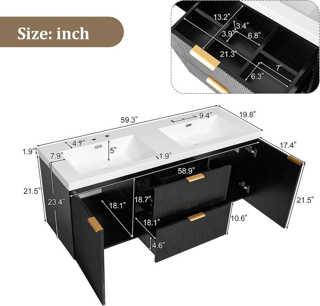 60' Bathroom Vanity with Sink Combo, Floating Double Sink Bathroom Vanity with SMC Resin Top, MDF Cabinet, Wall-Mounted Bath Room Vanities for Large Bathrooms (60''-Black)