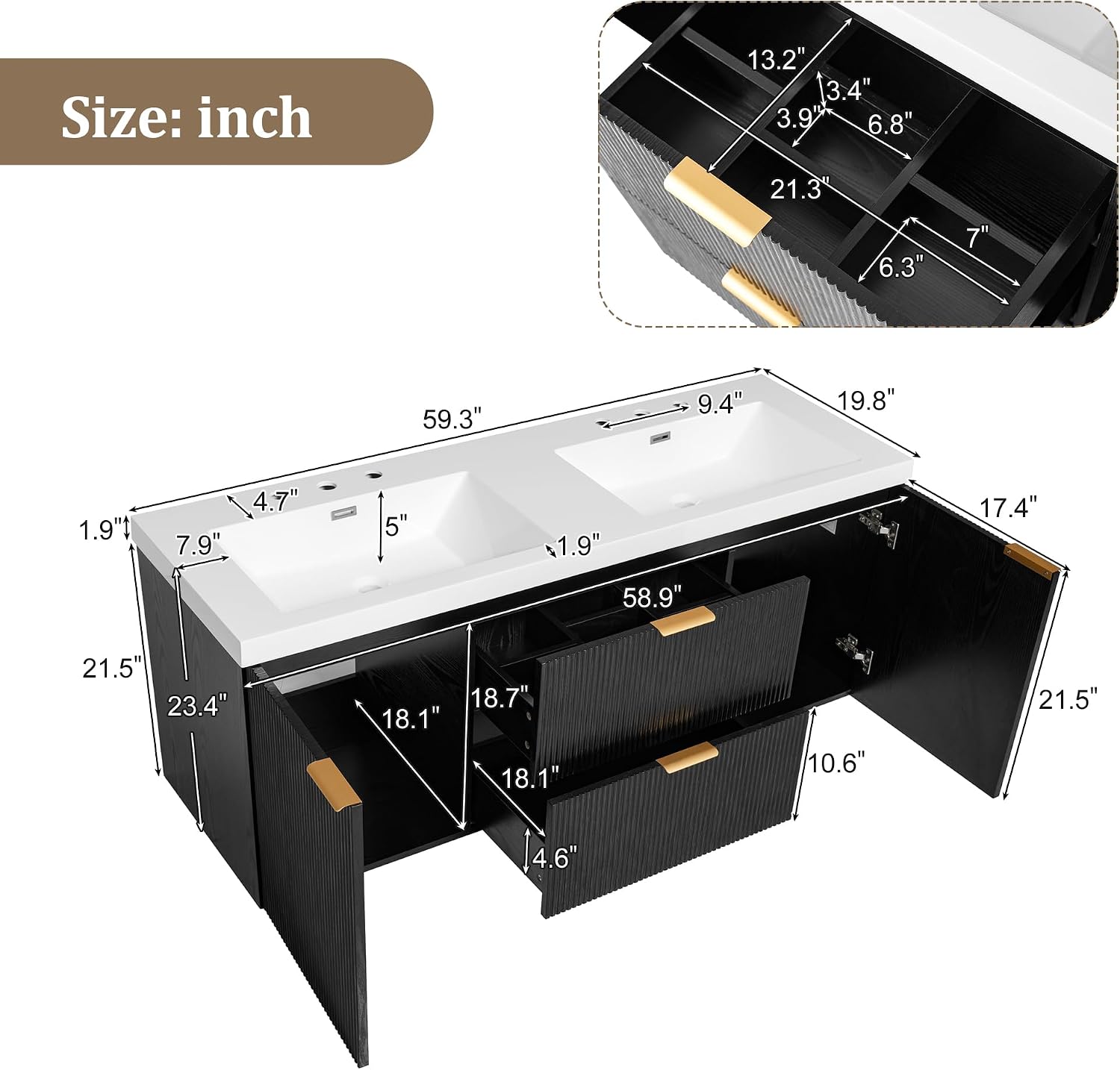 60' Bathroom Vanity with Sink Combo, Floating Double Sink Bathroom Vanity with SMC Resin Top, MDF Cabinet, Wall-Mounted Bath Room Vanities for Large Bathrooms (60''-Black)