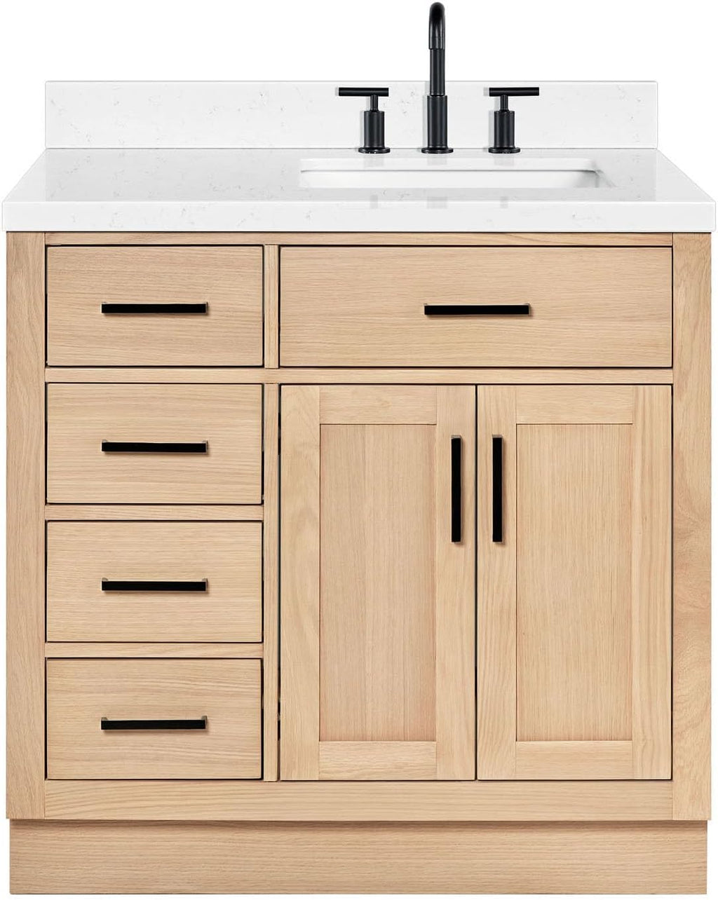 ARIEL Hepburn 36-inch Bathroom Vanity with Sink,Solid Wood, 1.5-inch Carrara White Quartz Countertop, Single Rectangular Porcelain Sink, 2 Soft Closing Doors, 5 Dovetail Drawers, White Oak