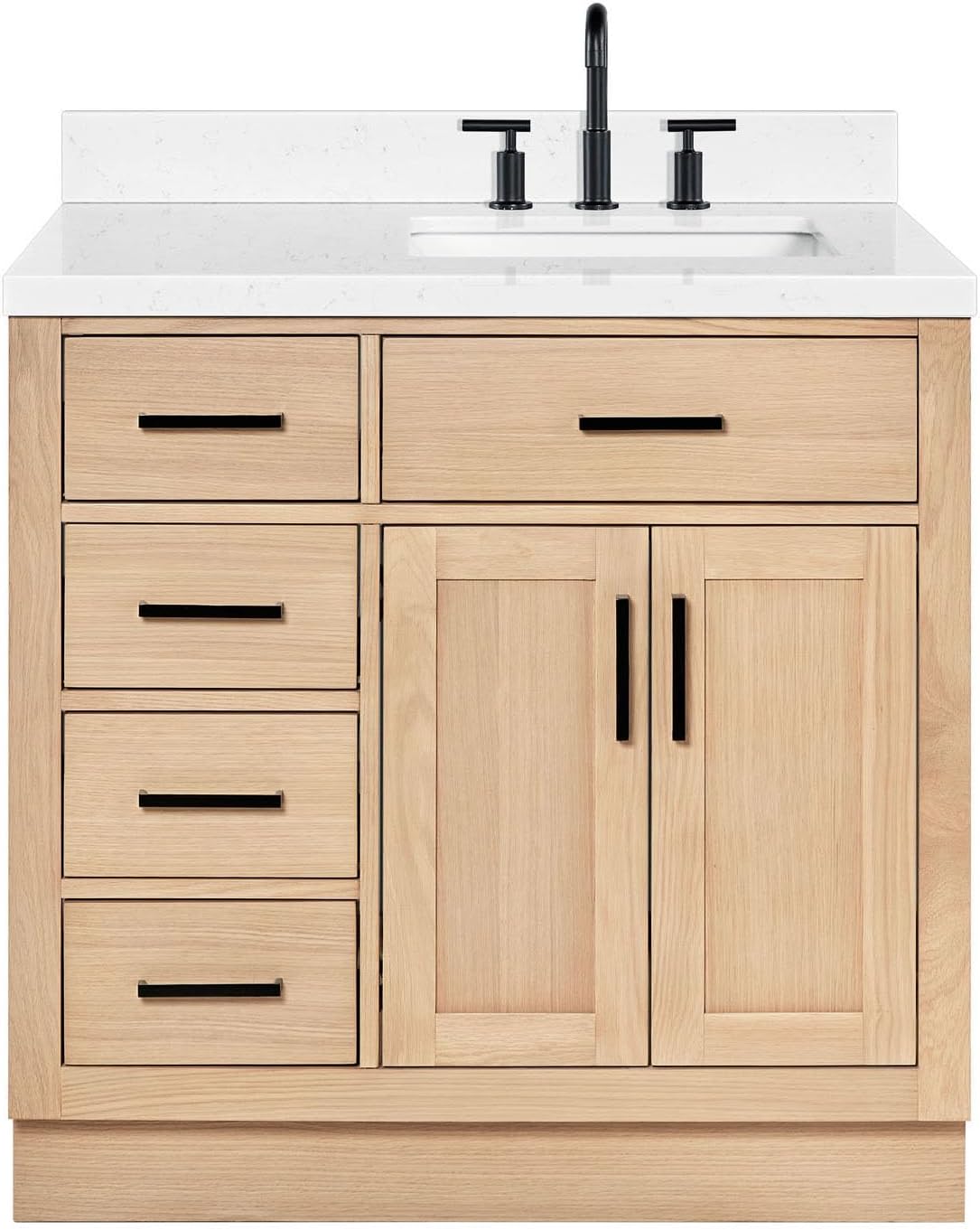 ARIEL Hepburn 36-inch Bathroom Vanity with Sink,Solid Wood, 1.5-inch Carrara White Quartz Countertop, Single Rectangular Porcelain Sink, 2 Soft Closing Doors, 5 Dovetail Drawers, White Oak
