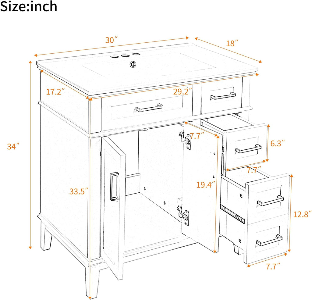 Harper & Bright Designs 30' Bathroom Vanity with Sink, Free Standing Single Basin Vanity Set with 2 Drawers, and Soft-Close Doors, Wood Bathroom Cabinet with Ceramic Basin for Bathroom, Blue
