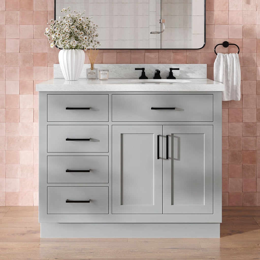 DKB Isabella 42' Gray Single Bathroom Vanity with Sink, 1.5' Edge Italian Carrara Marble Countertop, Oval Sink, 2 Soft Closing Doors, 5 Full Extension Dovetail Drawers