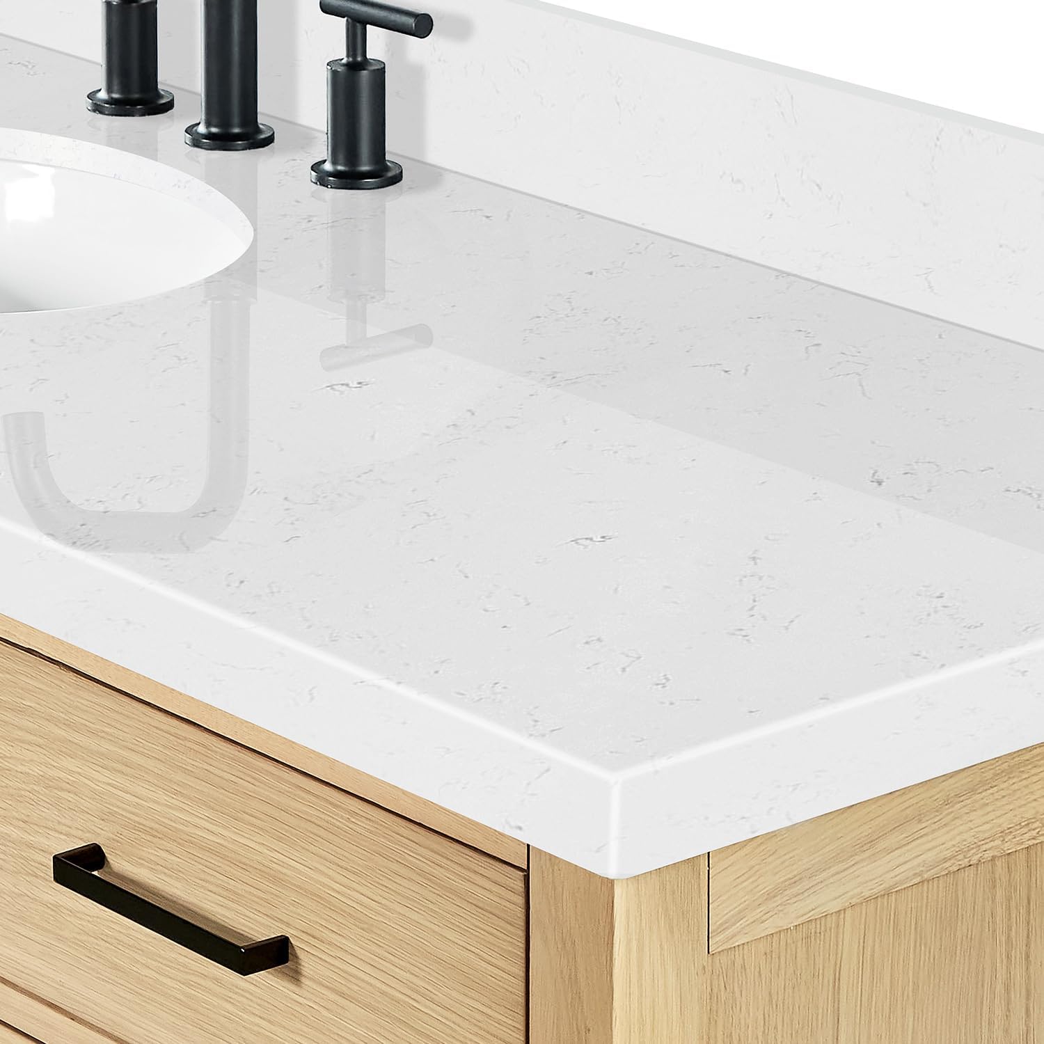 ARIEL Cambridge 66-inch Bathroom Vanity with Sink,Solid Wood, 1.5-inch Carrara White Quartz Countertop & Backsplash, Single Oval Porcelain Sink, 2 Soft Closing Doors, 9 Dovetail Drawers, White Oak