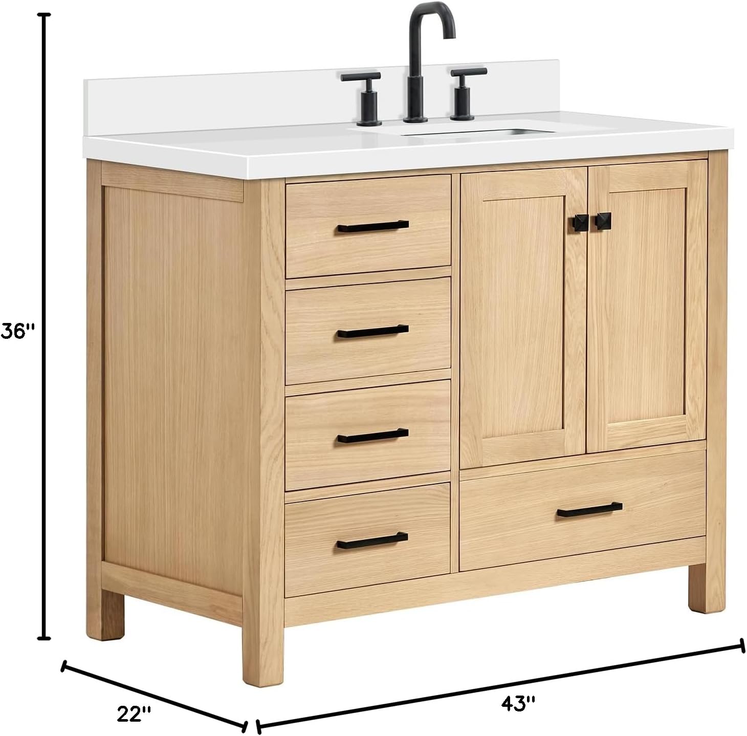 ARIEL 42-Inch Oak Bathroom Vanity with Sink, Italian Carrara Marble Countertop & 4' Backsplash, Soft Closing Door & Drawer, Matte Black Hardware