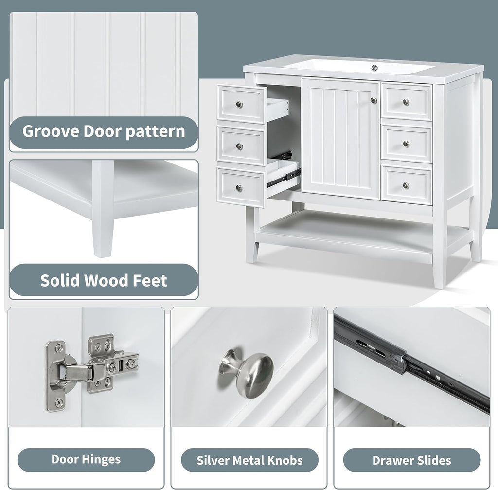 Harper & Bright Designs 36' Bathroom Vanity with Sink, Free Standing Single Basin Vanity Set with One Cabinet and Three Drawers, Wooden Bathroom Cabinet with Ceramic Sink for Bathroom, White