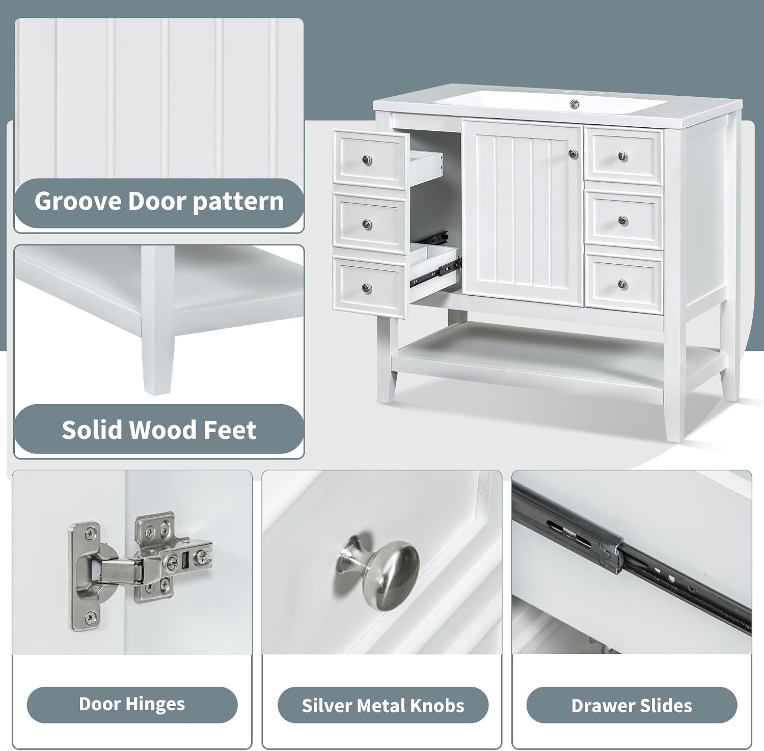 Harper & Bright Designs 36' Bathroom Vanity with Sink, Free Standing Single Basin Vanity Set with One Cabinet and Three Drawers, Wooden Bathroom Cabinet with Ceramic Sink for Bathroom, White