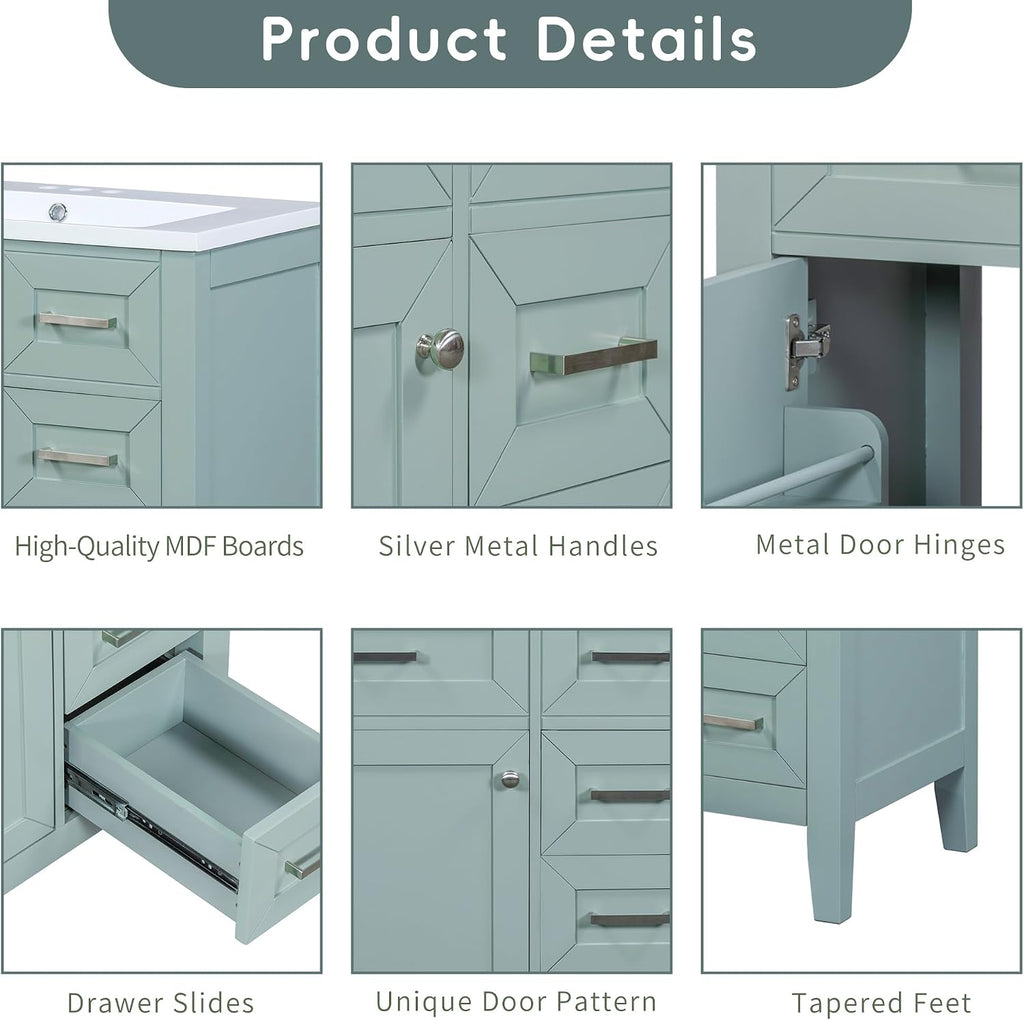 30 Inch Bathroom Vanity Without Sink, Base Only, Storage Cabinet with Doors and Drawers, Green