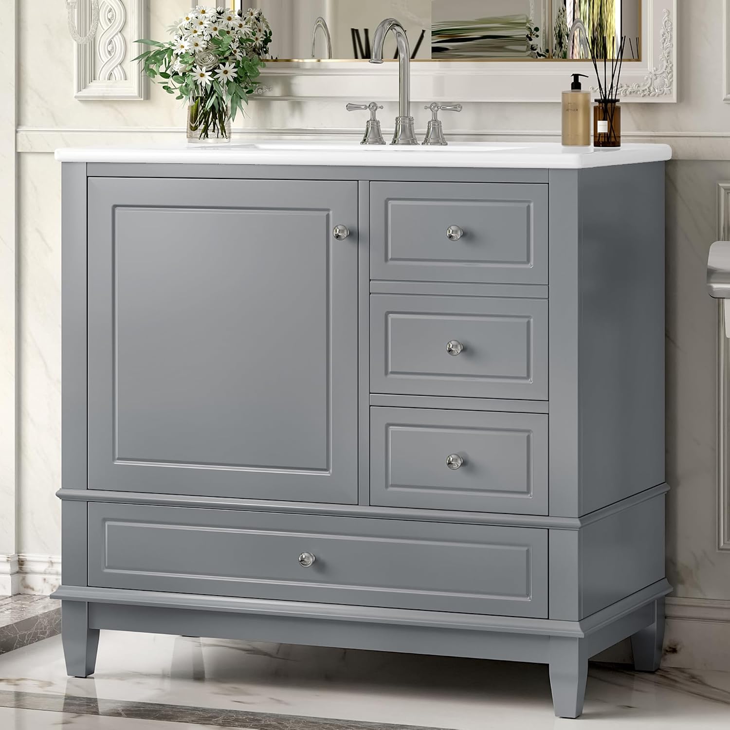 36' Modern Freestanding Bathroom Vanity with Ceramic Sink Top, 3 Drawers & Storage Shelves - MDF & Solid Wood Base