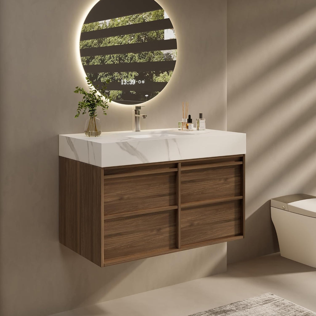 36 Inch Floating Bathroom Vanity with Sink Combo, Modern Sintered Stone Top Wood Bathroom Storage Cabinet, Ceramic Single Sink Vanity, Pre-Assembled with Drawers