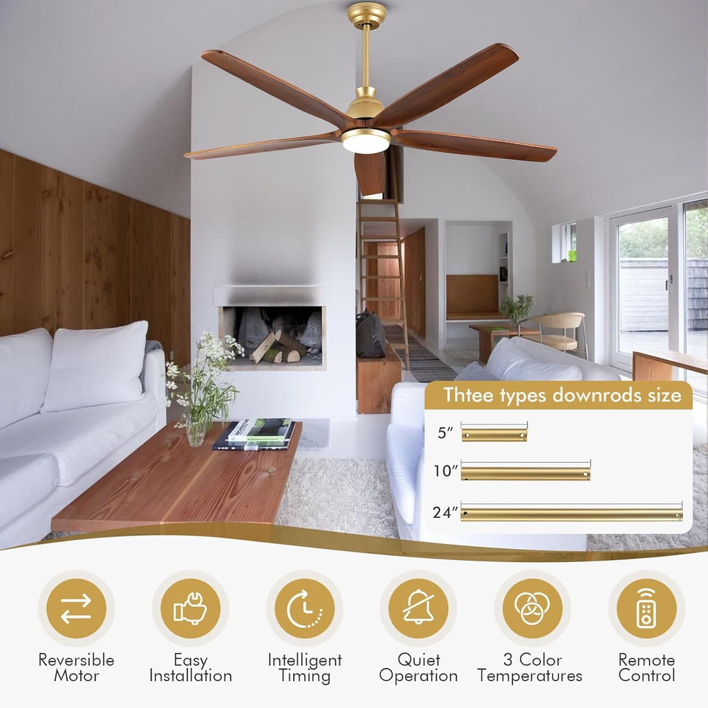 72 inch Gold Ceiling Fans with Lights and Remote, Large Airflow Solid Wood Ceiling Fan with 5 Blades, 3CCT Dimmable, Indoor Quiet DC Motor Celing Fans Exterior for Covered Patios Porch