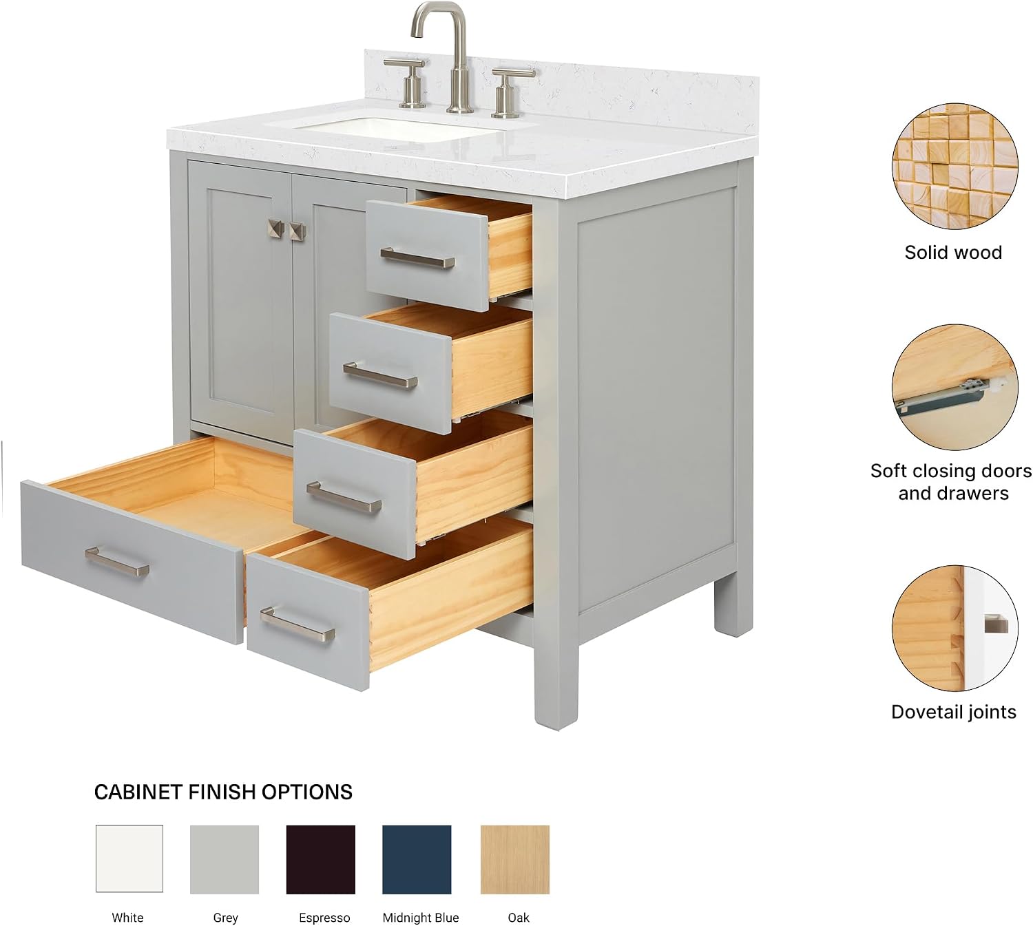 ARIEL Cambridge 36-inch Bathroom Vanity with Sink,Solid Wood, 1.5-inch Carrara White Quartz Countertop, Single Rectangular Porcelain Sink, 2 Soft Closing Doors, 5 Dovetail Drawers, Grey