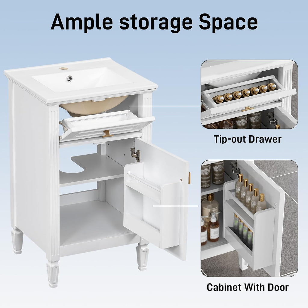 20'' Bathroom Vanity with Sink, Freestanding Storage Cabinet with Tilt-Out Drawer, Adjustable Shelf and Solid Wood Legs for Small Bathroom (White-4.10)