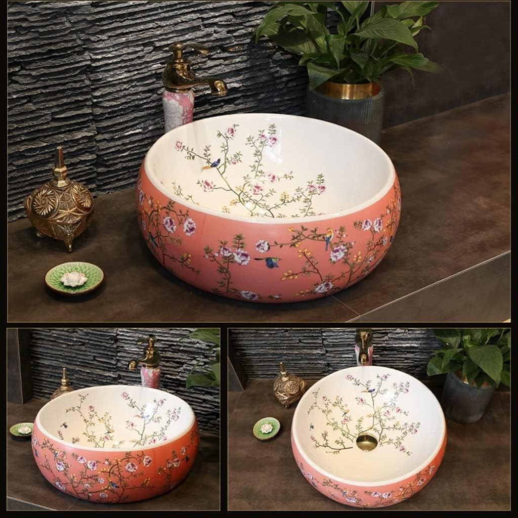 Bathroom Basin Vessels Sink Countertop Basin, Vanity Sink Tops Chinese Ceramic Lowes Bathroom Vanities Individual Flower and Bird Art Basin,Pink-set-42 * 15cm