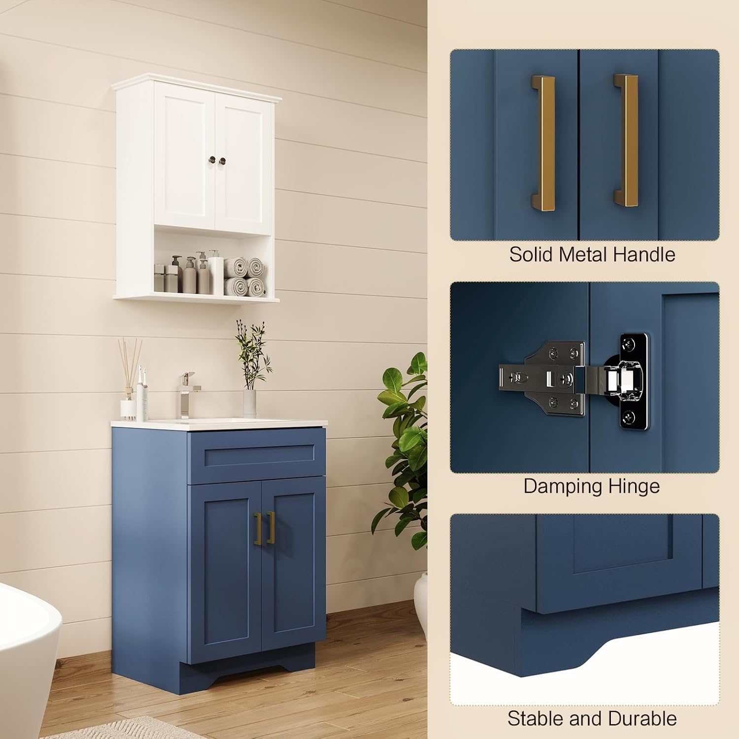 24 Inch Bathroom Vanity with Ceramic Basin and Countertop, Modern Bathroom Vanity with Sink, Narrow Design for Small Bathroom (Blue Shaker)