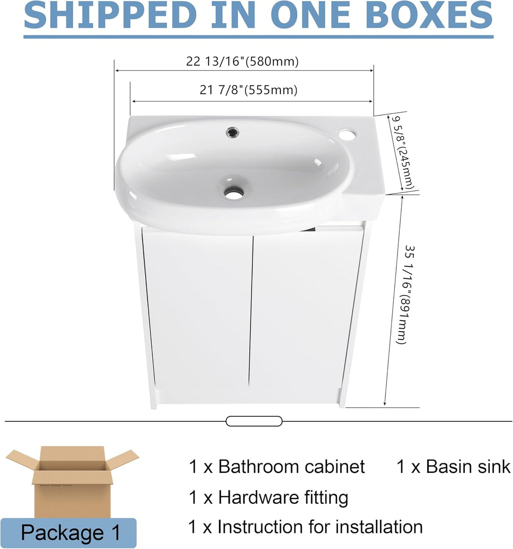 23' Small Bathroom Vanity with Sink, Freestanding Cabinet with Round Ceramic Basin, Soft Closing Doors, Adjustable Shelves, Modern Single Sink for Small Space, White