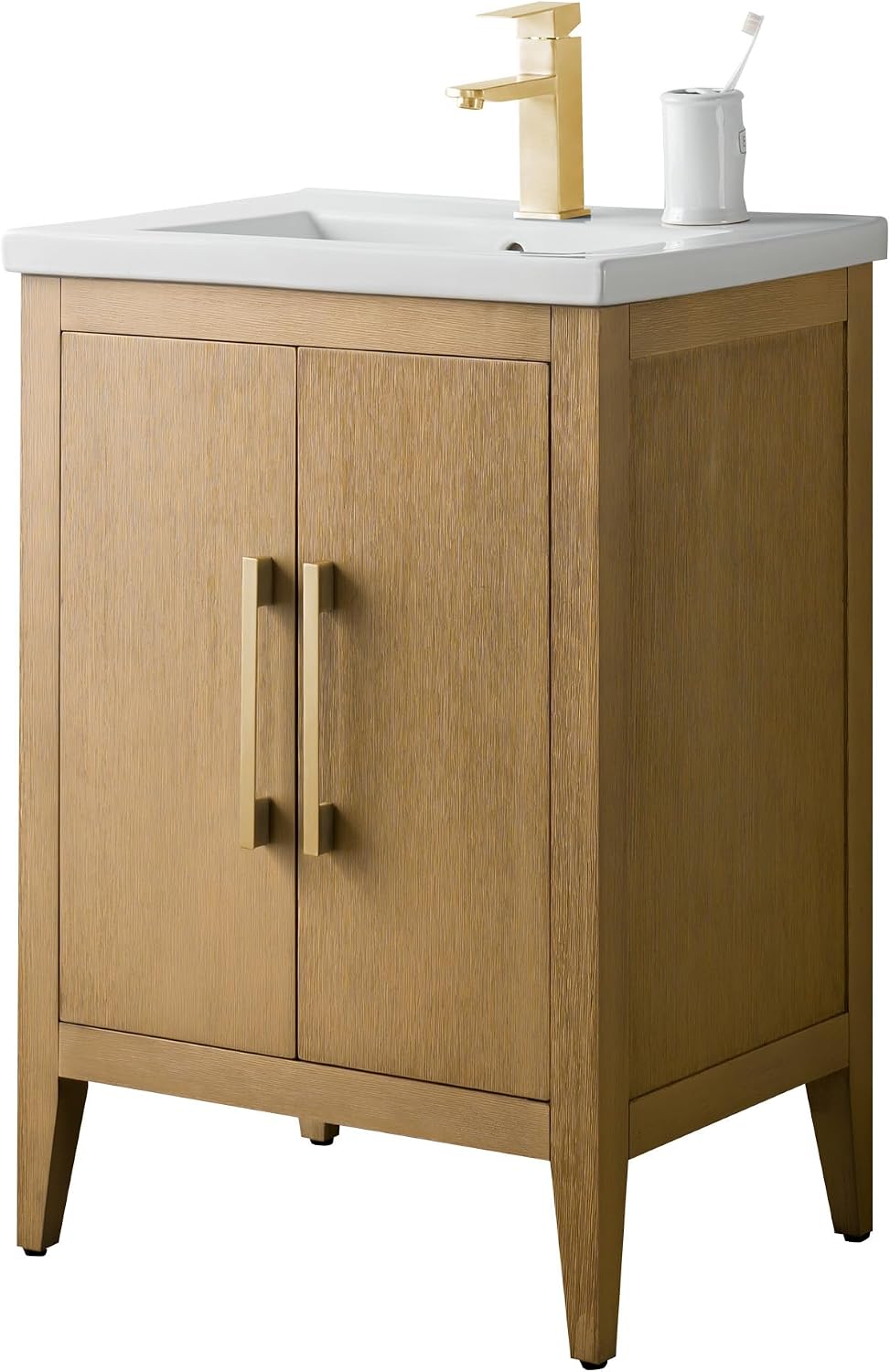 HOMEBEYOND 24 Inch Bathroom Vanities with Sink & Ceramic Top, Single Vanity Cabinet with Basin, Solid Wood Frame, Soft-Closing Doors & Golden Brushed Hardware, Natural Oak