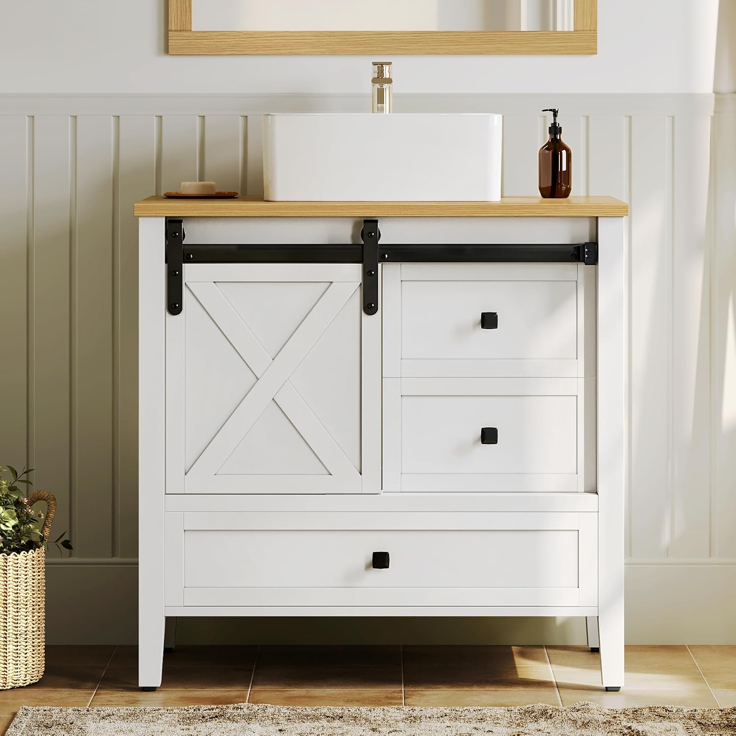 DWVO 36' Farmhouse Bathroom Vanity with Sink Combo, Barn Door Bathroom Storage Cabinet with Sliding Door & 3 Drawers, Ceramic Vessel Sink Top, White