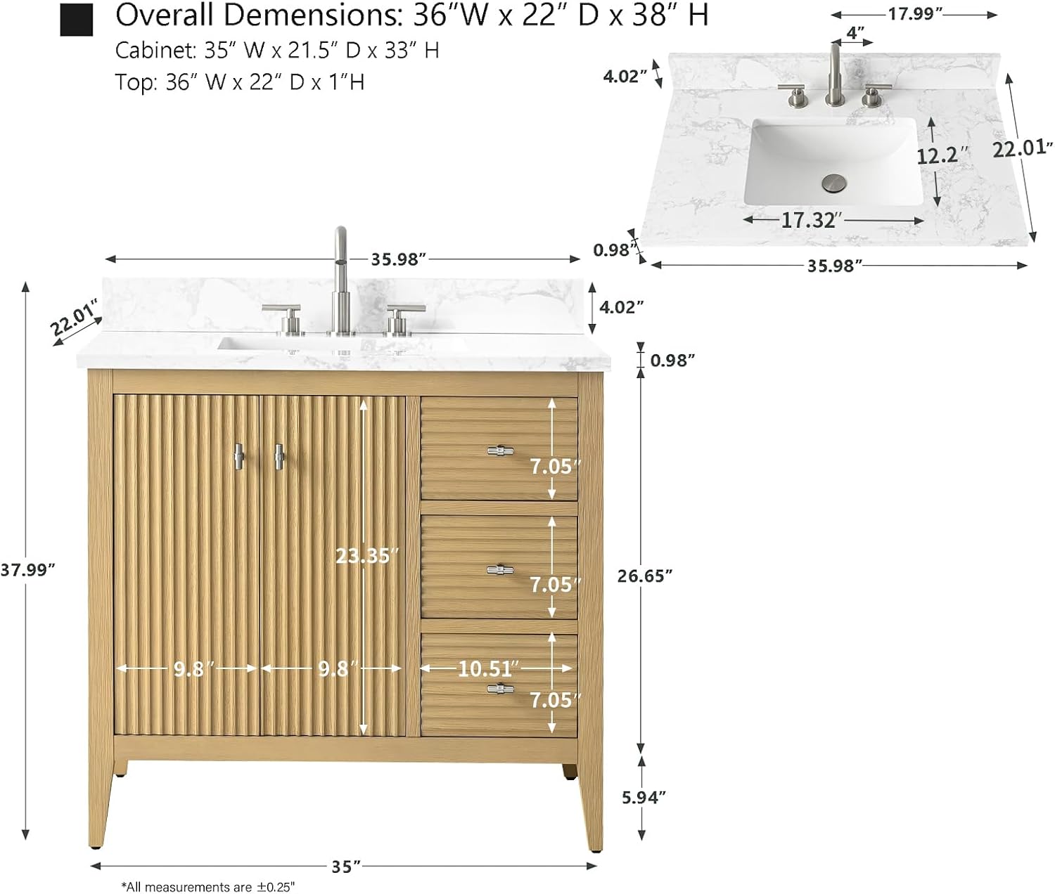 HOMEBEYOND 36' Bathroom Vanity with Sink, Solid Wood Bathroom Vanity Free-Standing Cabinet, Drawers, Ceramic Top & Soft Closing Door, Golden Brushed Handware, Natural Oak