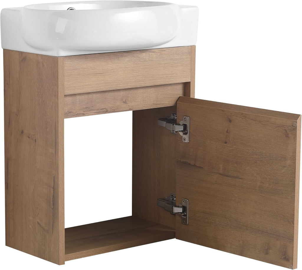 Malwee 16 Inch Floating Bathroom Vanity with Sink, 16'' Wall Mounted Single Sink Bathroom Vanity Combo, Modern Brown Cabinet Set with 1 Soft Close Door and Ceramics Basin Top,MAF02916-IMOX