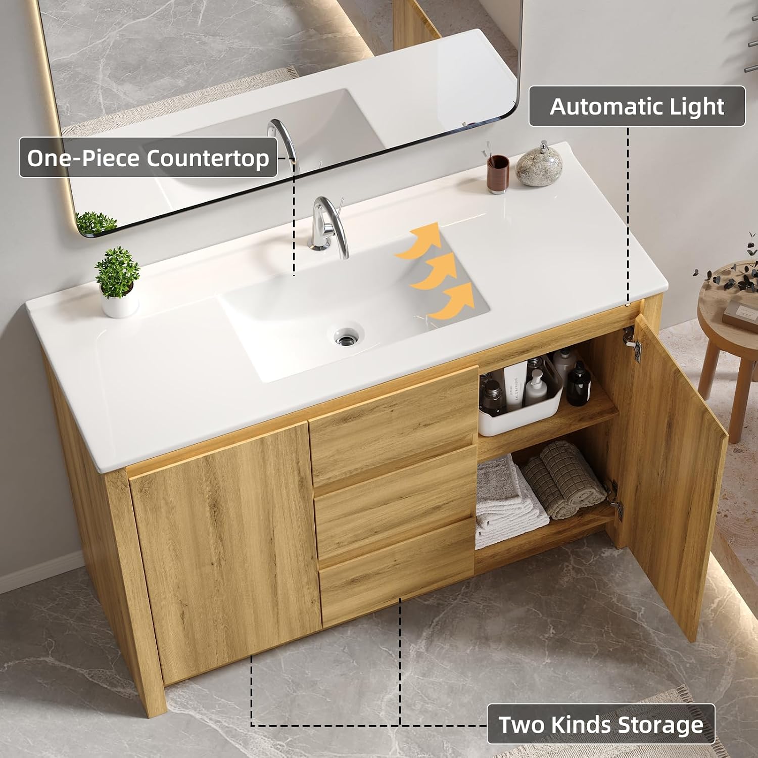 ONBRILL Modern Bathroom Vanity with Sink, Mid-Century Bath Vanities with Light & Integrated Resin Basin, 47.2' Large Single Sink Cabinet with Soft Closing Door & 3 Drawers for Master Bathroom, Hotel