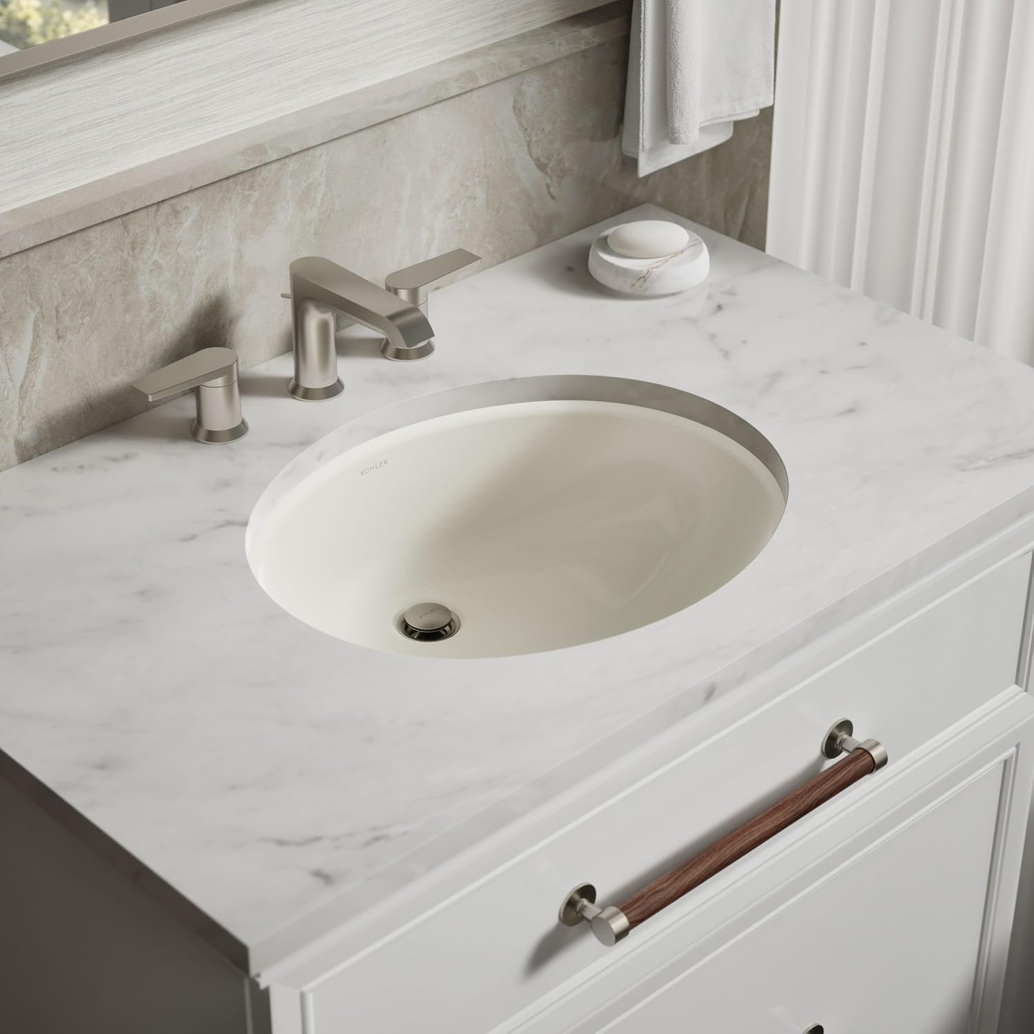 KOHLER 2210-96 Caxton Under-Mount Bathroom Sink, Include Overflow Drain, Fits 14' x17' Cutouts, Undermount Installation, Biscuit