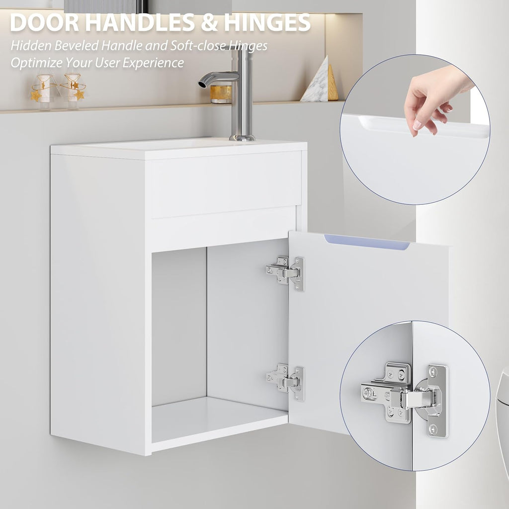 eclife 16' Small Bathroom Vanity Sink Combo, Modern Painted Wall Mounted Floating Cabinet W/Resin Basin Sink Top, Chrome Water Save Faucet & Pop Up Drain (White)