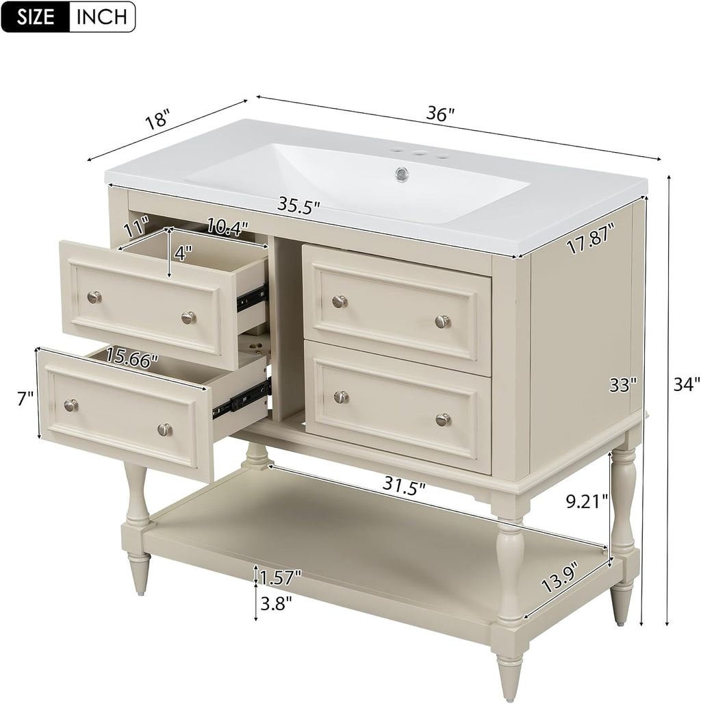 Virubi 36'' Bathroom Vanity with Single Sink, Freestanding Sink Cabinet with 4 Drawers and Open Shelf, Solid Wood Frame Bathroom Storage Cabinet