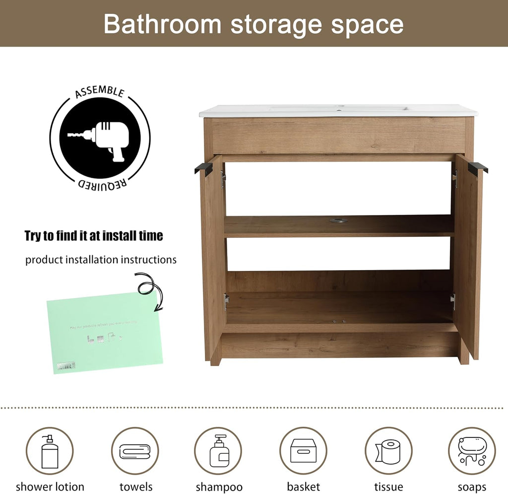 Malwee 36 Inch Freestanding Bathroom Vanity with Sink, 36'' Floor Standing Bathroom Vanity, Modern Vanity with 2 Doors and White Ceramic Basin Sink Top (024-36)