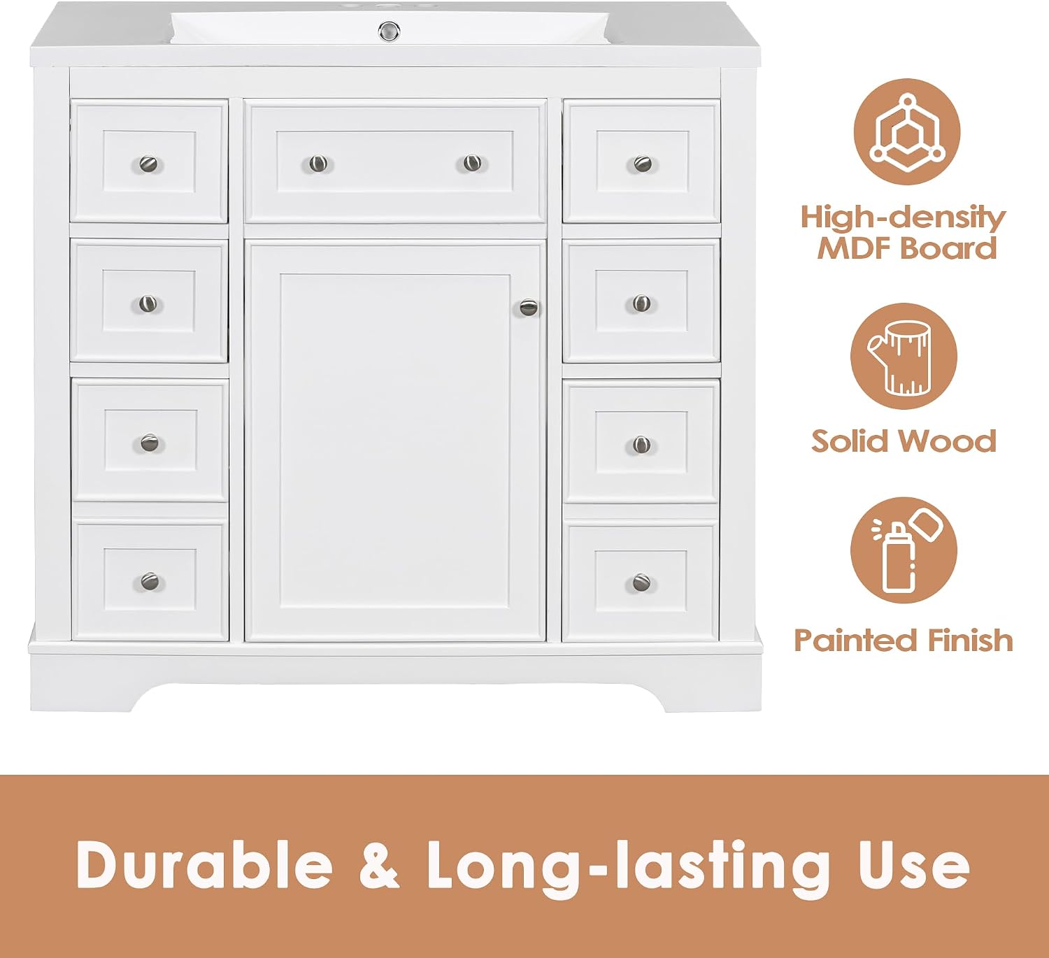 Bellemave 36' Bathroom Vanity with Basin Sink, Single Vanity Set, Vanity and Basin Sink Combo with One Cabinet and Six Drawers for Bathroom, No Mirror (White)