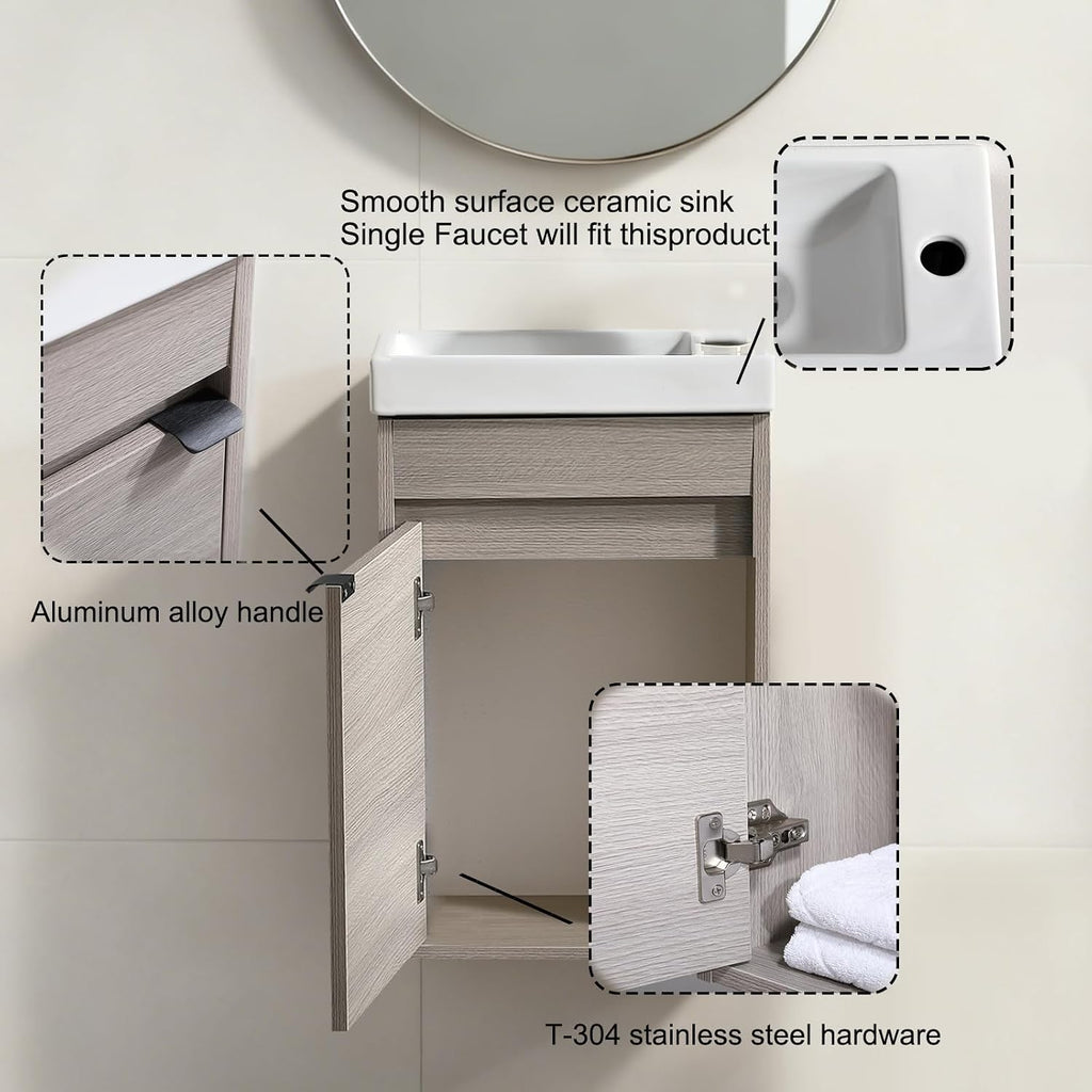 16 Inch Bathroom Vanity with Sink Combo, Wall Mounted Cabinet Set with 1 Door and White Ceramic Basin Sink Top, Forest Oak Floating Bathroom Vanity for Small Space