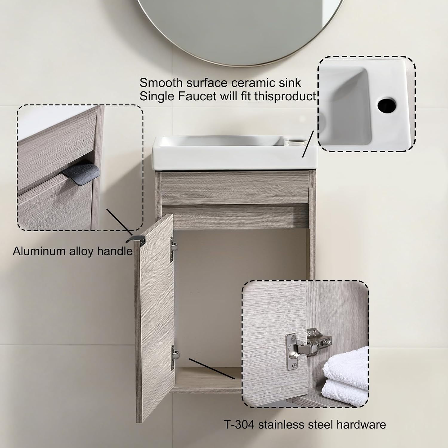 16 Inch Bathroom Vanity with Sink Combo, Wall Mounted Cabinet Set with 1 Door and White Ceramic Basin Sink Top, Forest Oak Floating Bathroom Vanity for Small Space