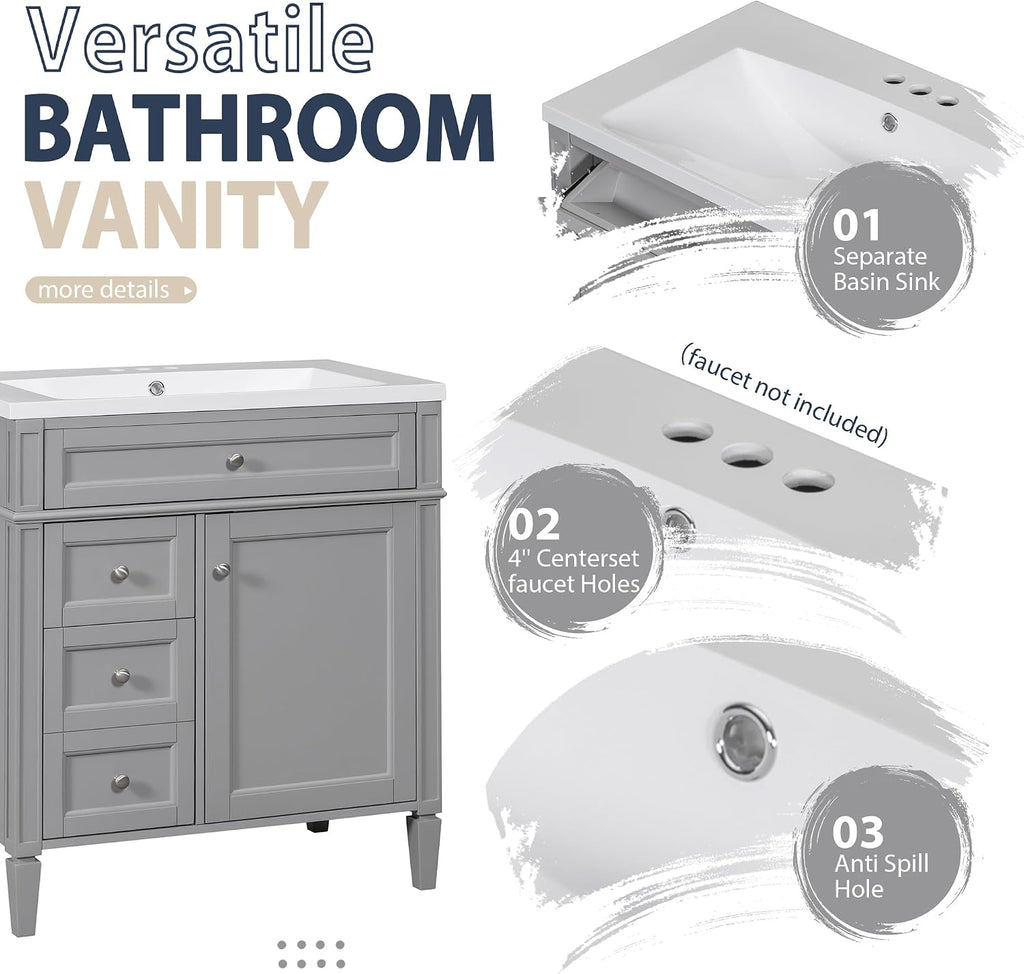 Merax 30' Bathroom Sink Vanity with Matching Medicine Cabinet Combo, Modern Bathroom Storage Cabinet, Freestanding Solid Wood Frame
