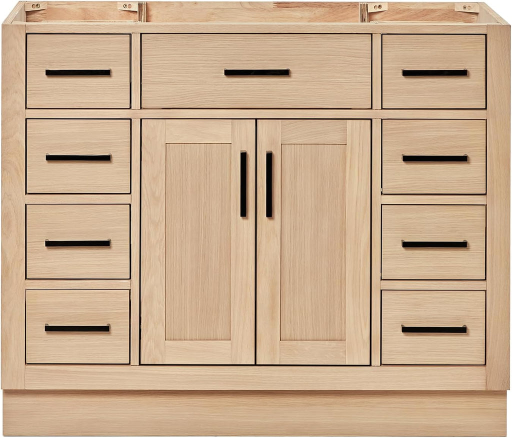 ARIEL Hepburn 42-inch Bathroom Vanity Base Cabinet,Solid Wood, 2 Soft Closing Doors, 9 Dovetail Drawers, White Oak
