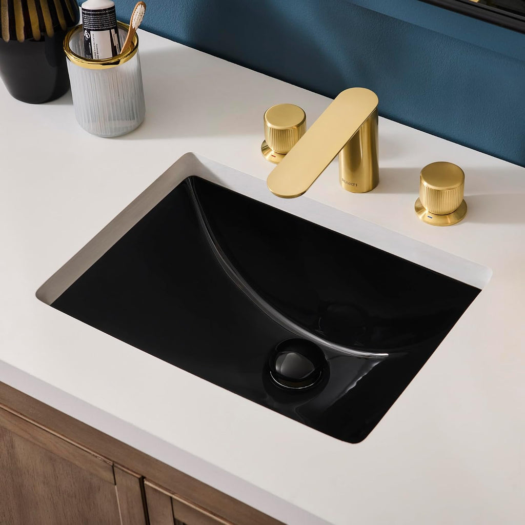 Ruvati 16 x 11-3/4 inch Undermount Bathroom Sink Black Rectangular Porcelain Ceramic with Overflow- RVB0718BK- Durable, Stain-Resistant Small Sink for Modern Bathrooms, Perfect for Vanity Sinks