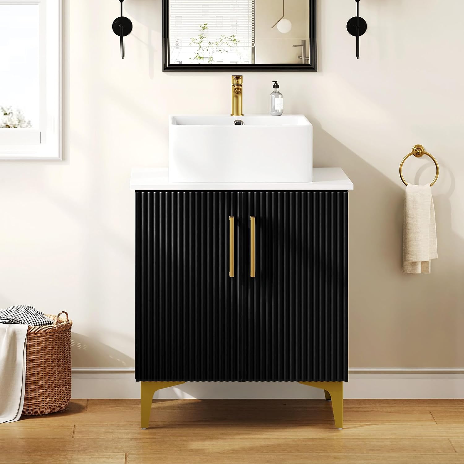 YITAHOME 24 Inch Bathroom Vanity with Vacuum Forming, Freestanding Storage Cabinet Vanity with Engineered White Stone Countertop, 2 Large Soft Closing Doors with Shelf, Gold Handles & Legs, Black