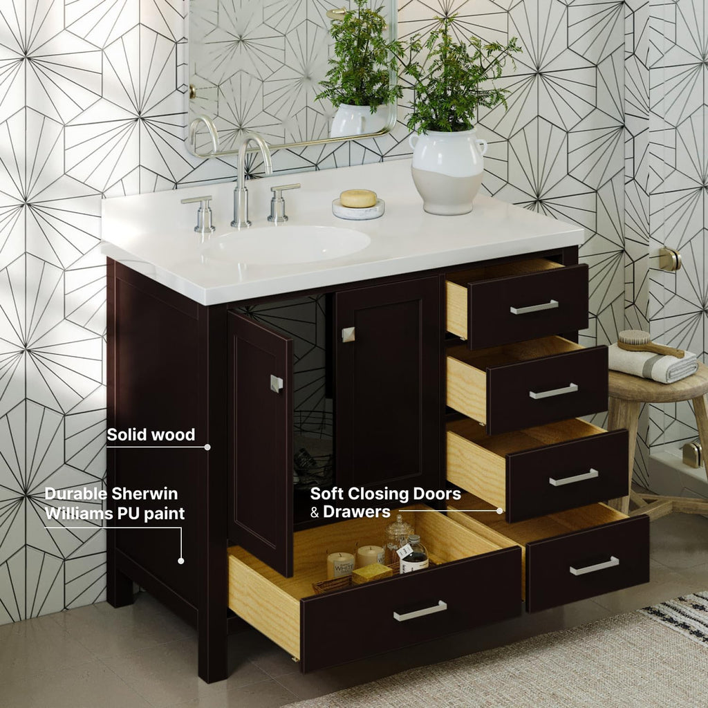 ARIEL Cambridge 42-inch Bathroom Vanity with Sink,Solid Wood, 1.5-inch Pure White Quartz Countertop & Backsplash, Single Oval Porcelain Sink, 2 Soft Closing Doors, 5 Dovetail Drawers, Espresso