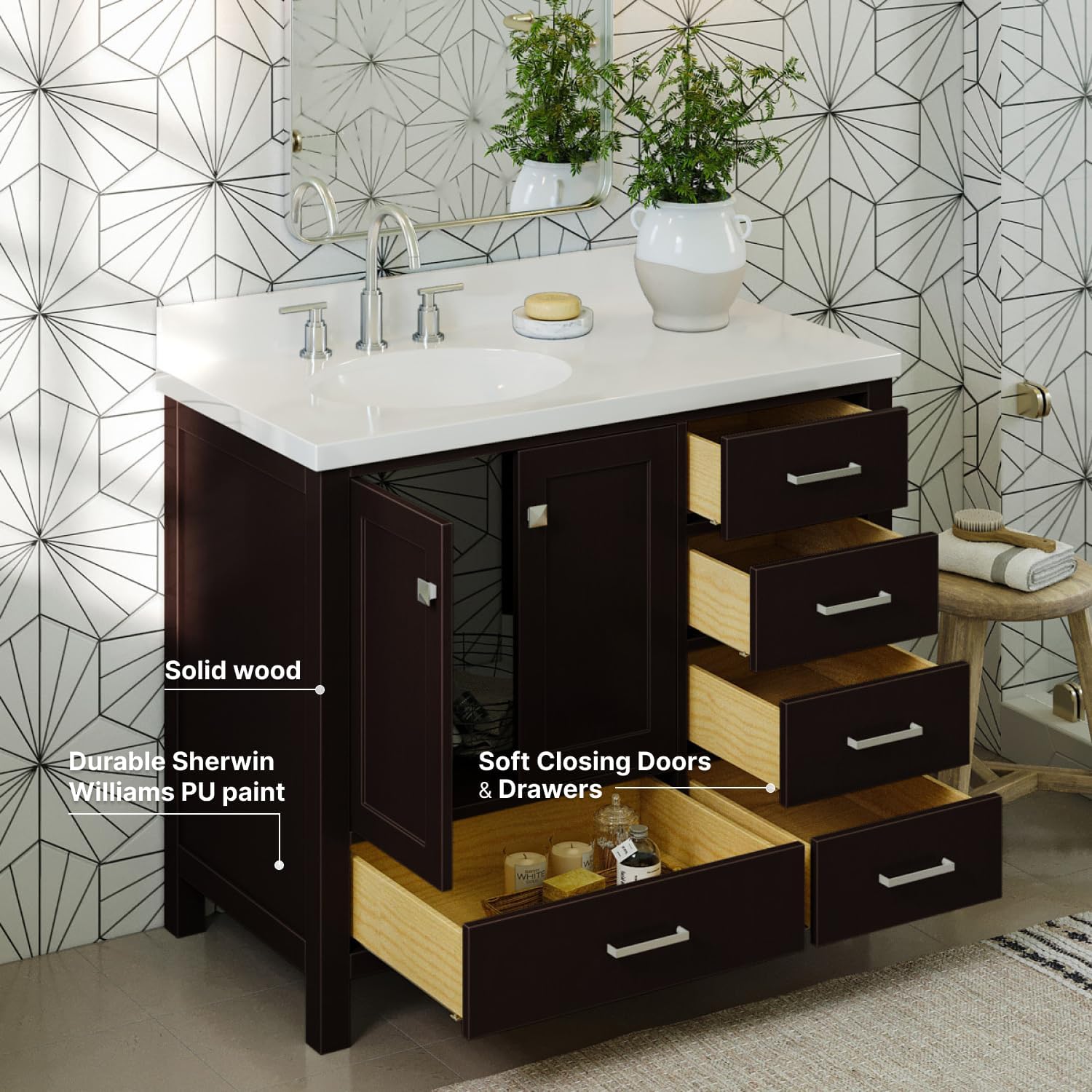 ARIEL Cambridge 42-inch Bathroom Vanity with Sink,Solid Wood, 1.5-inch Pure White Quartz Countertop & Backsplash, Single Oval Porcelain Sink, 2 Soft Closing Doors, 5 Dovetail Drawers, Espresso