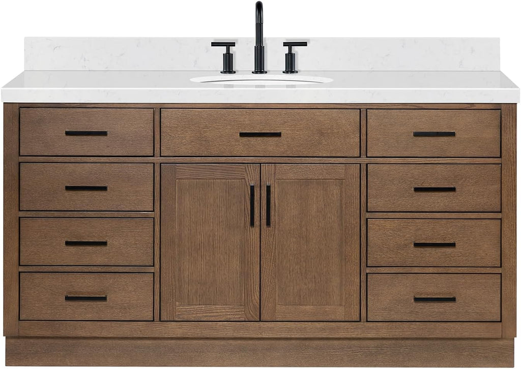 ARIEL Hepburn 66-inch Bathroom Vanity with Sink,Solid Wood, 1.5-inch Carrara White Quartz Countertop & Backsplash, Single Oval Porcelain Sink, 2 Soft Closing Doors, 9 Dovetail Drawers, Brown Oak