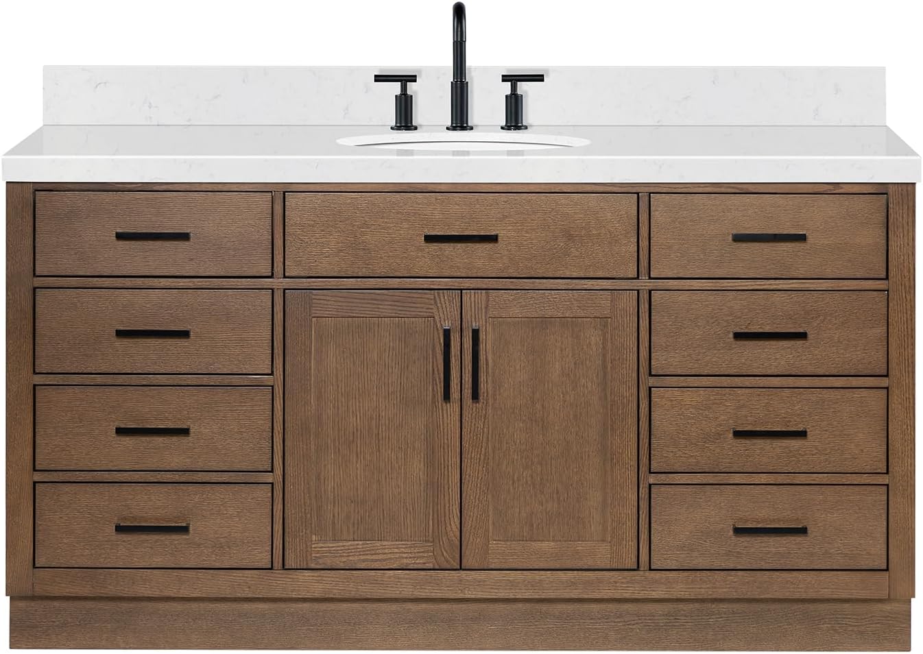 ARIEL Hepburn 66-inch Bathroom Vanity with Sink,Solid Wood, 1.5-inch Carrara White Quartz Countertop & Backsplash, Single Oval Porcelain Sink, 2 Soft Closing Doors, 9 Dovetail Drawers, Brown Oak