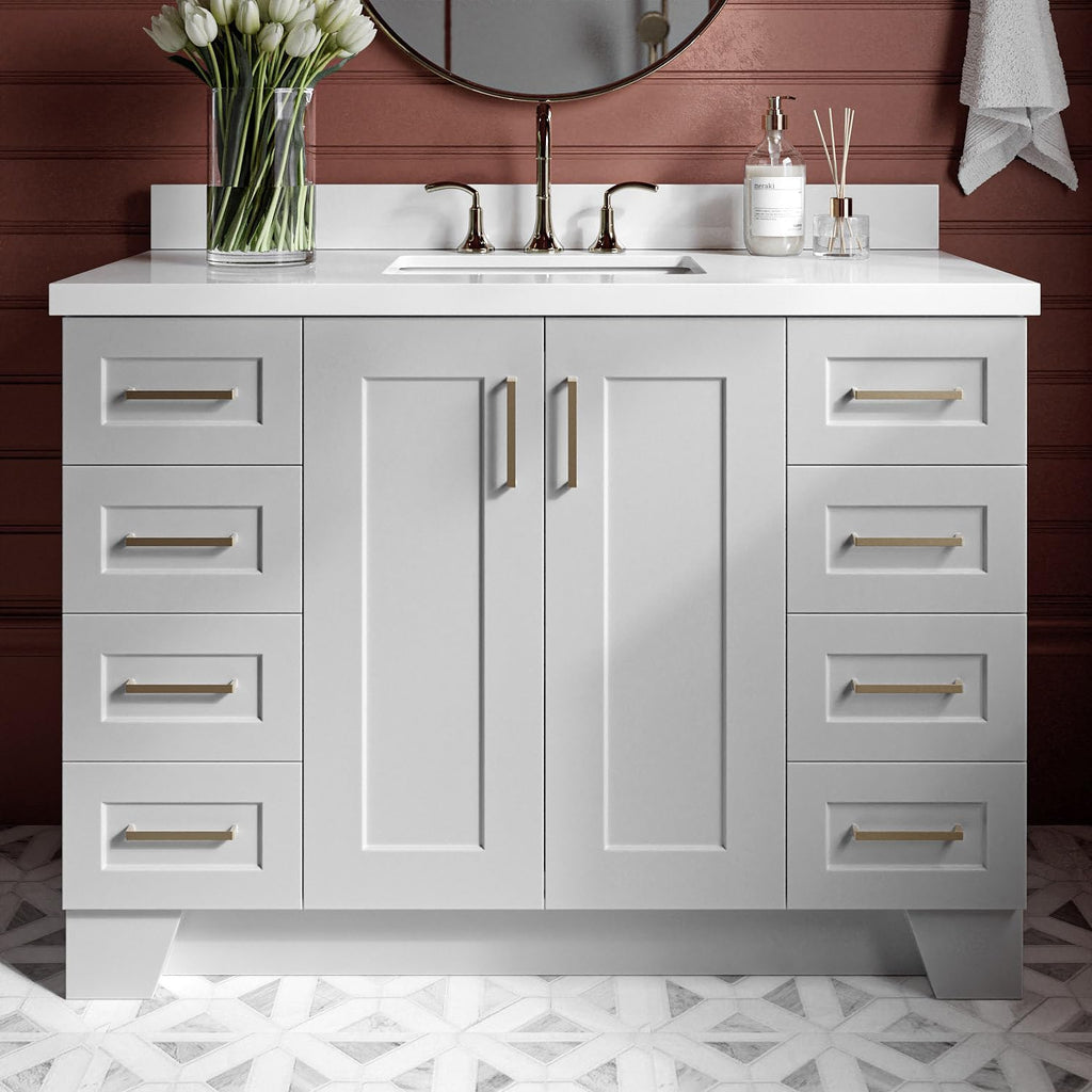 ARIEL Taylor 48-inch Bathroom Vanity with Sink,Solid Wood, 1.5-inch Pure White Quartz Countertop, Single Rectangular Porcelain Sink, 2 Soft Closing Doors, 9 Dovetail Drawers, Satin Brass, Grey