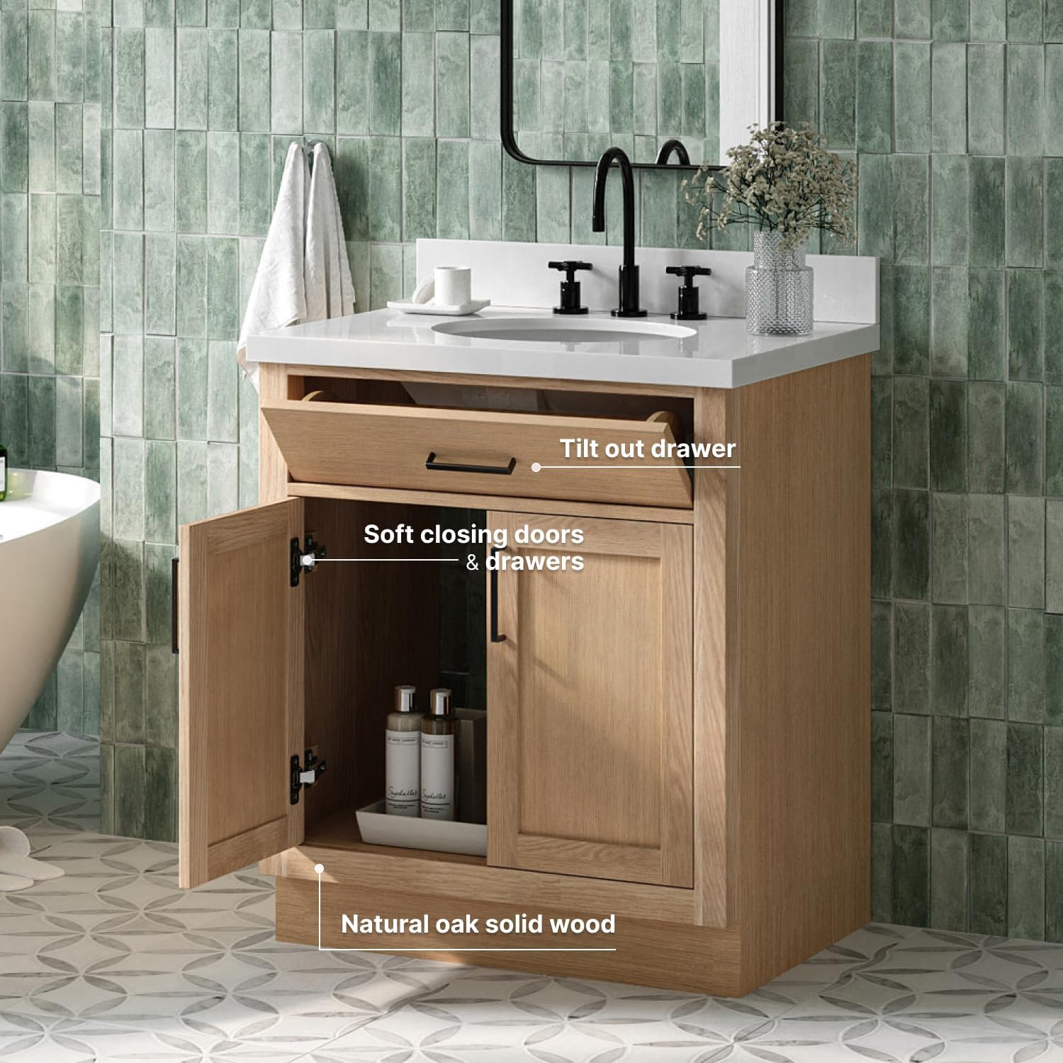 ARIEL Hepburn 30-inch Bathroom Vanity with Sink,Solid Wood, 1.5-inch Pure White Quartz Countertop & Backsplash, Single Oval Porcelain Sink, 2 Soft Closing Doors, 1 Dovetail Drawers, White Oak