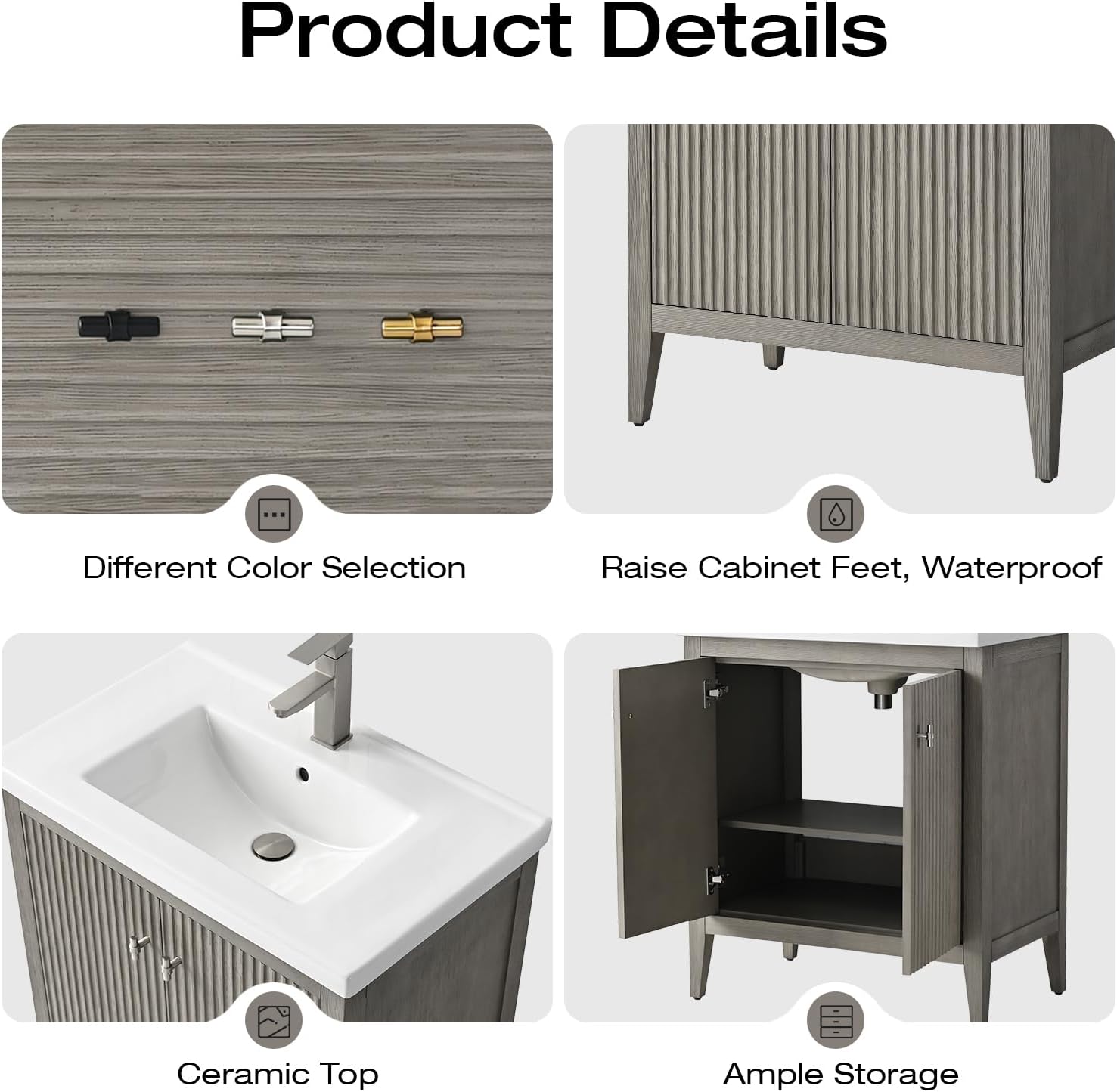 Vanity Art 30 inch Bathroom Vanity with Single Sink & Ceramic Top, Vanity Cabinet with Soft-Closing Door, Solid Wood Frame, Linear Pattern, Driftwood Gray, Golden Brushed Handware VA9130-DG-GB