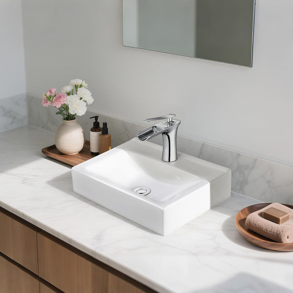 Aquaterior Porcelain Bathroom Vessel Sink 18'x12' with Chorme Single Handle Faucet Pop-up Drain Combo Rectangle Above Counter Vanity Basin Minimalist Modern