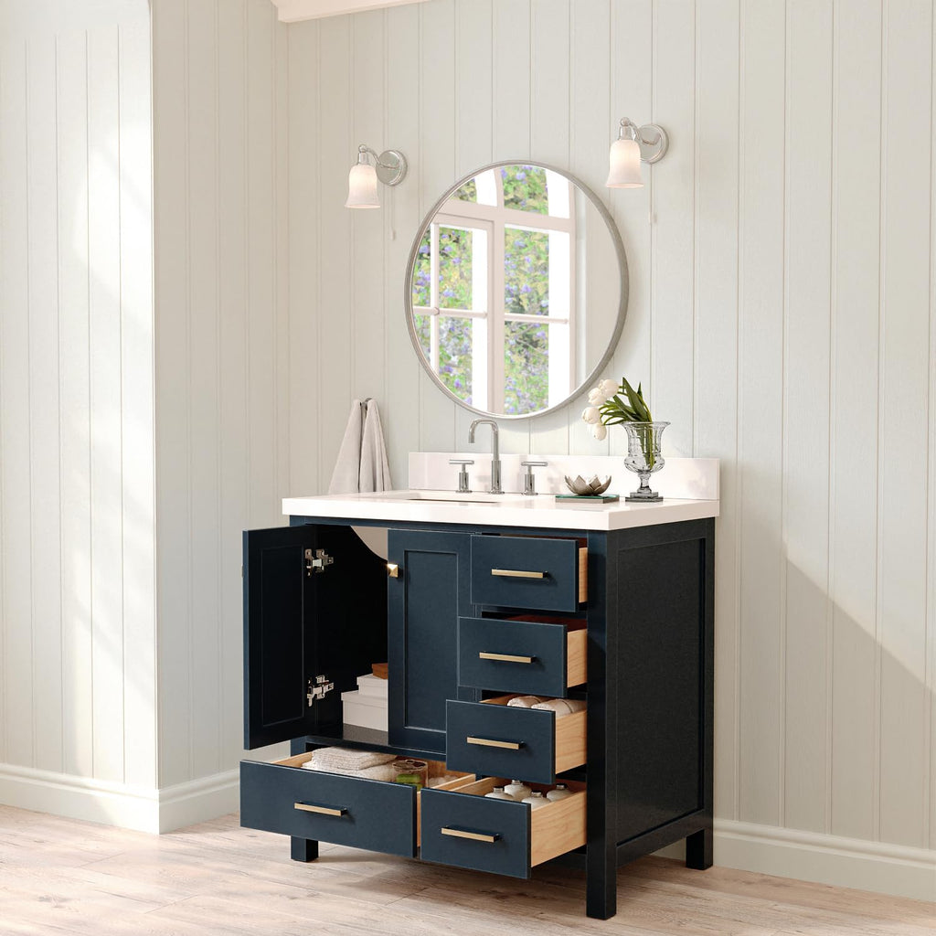 ARIEL Cambridge 36-inch Bathroom Vanity with Sink,Solid Wood, 1.5-inch Pure White Quartz Countertop, Single Rectangular Porcelain Sink, 2 Soft Closing Doors, 5 Dovetail Drawers, Midnight Blue
