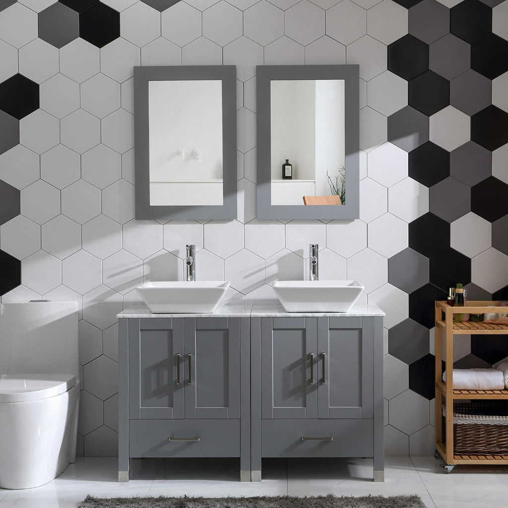 48 inch Double Sink Bathroom Vanity Cabinet Combo Glass、Marble Top Grey Paint Wood w/Faucet, Mirror&Drain Set (Solid Wood + Marble Top)