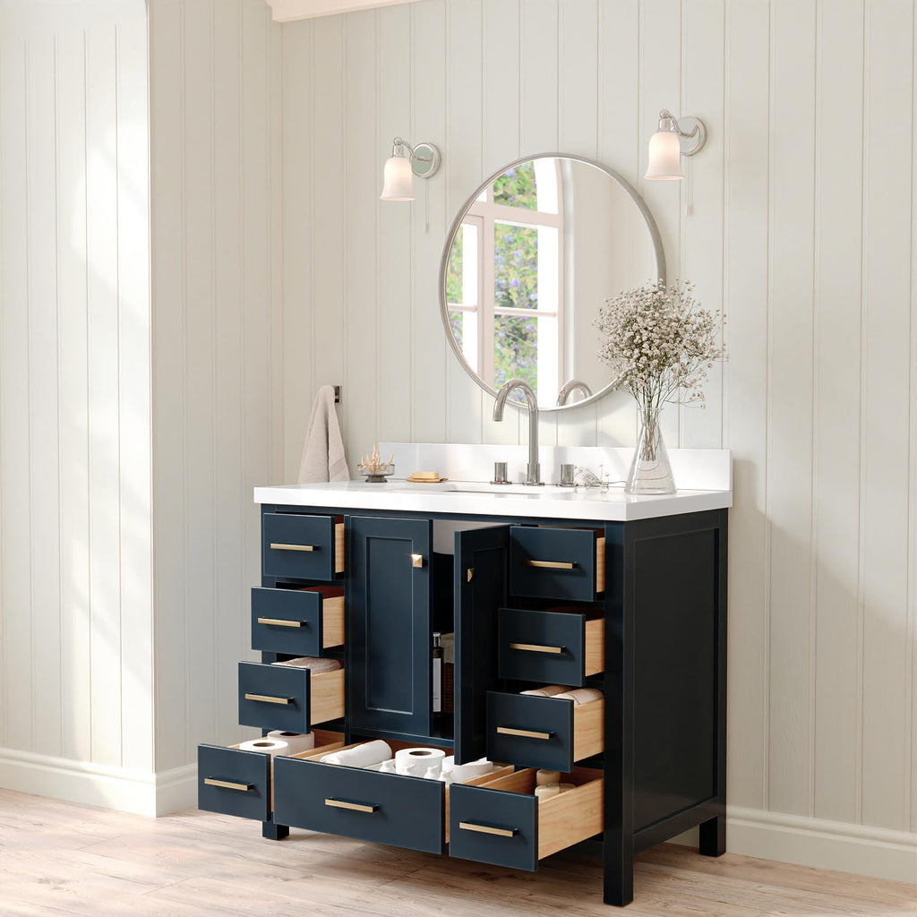 ARIEL Cambridge 42-inch Bathroom Vanity with Sink,Solid Wood, 1.5-inch Pure White Quartz Countertop, Single Rectangular Porcelain Sink, 2 Soft Closing Doors, 9 Dovetail Drawers, Midnight Blue