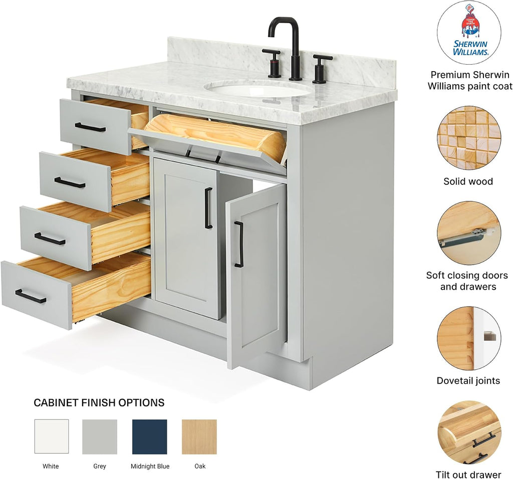 DKB Isabella 42' Gray Single Bathroom Vanity with Sink, 1.5' Edge Italian Carrara Marble Countertop, Oval Sink, 2 Soft Closing Doors, 5 Full Extension Dovetail Drawers